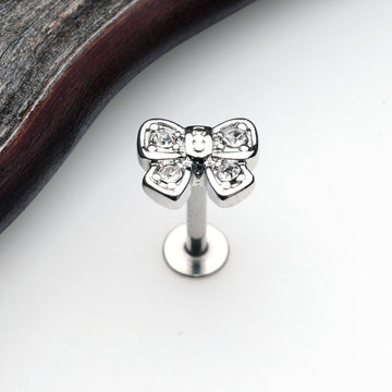 Detail View 1 of Dainty Bow-Tie Top Steel Labret-Clear Gem